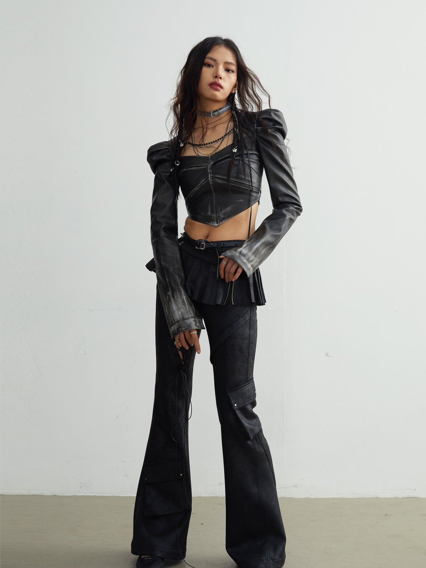 Cut-out Lace-up Pockets Decorated Flare Pants With Skirt