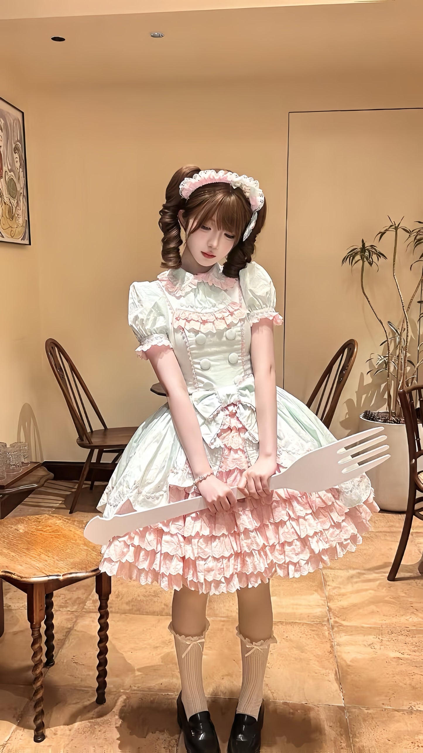 TaTaTa Lolita - Melon Parfait - Old School Lolita OP Suit Pink-Green Sweet Dress