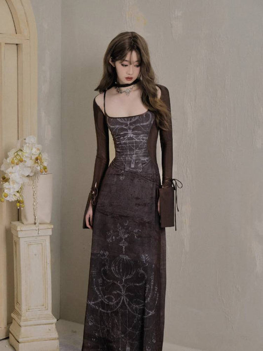 Printed suspender skirt and tops【s0000009242】