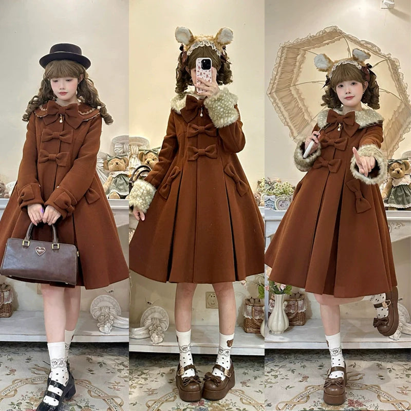 Unideer - Winter Lolita Coat Wool Bow Overcoat