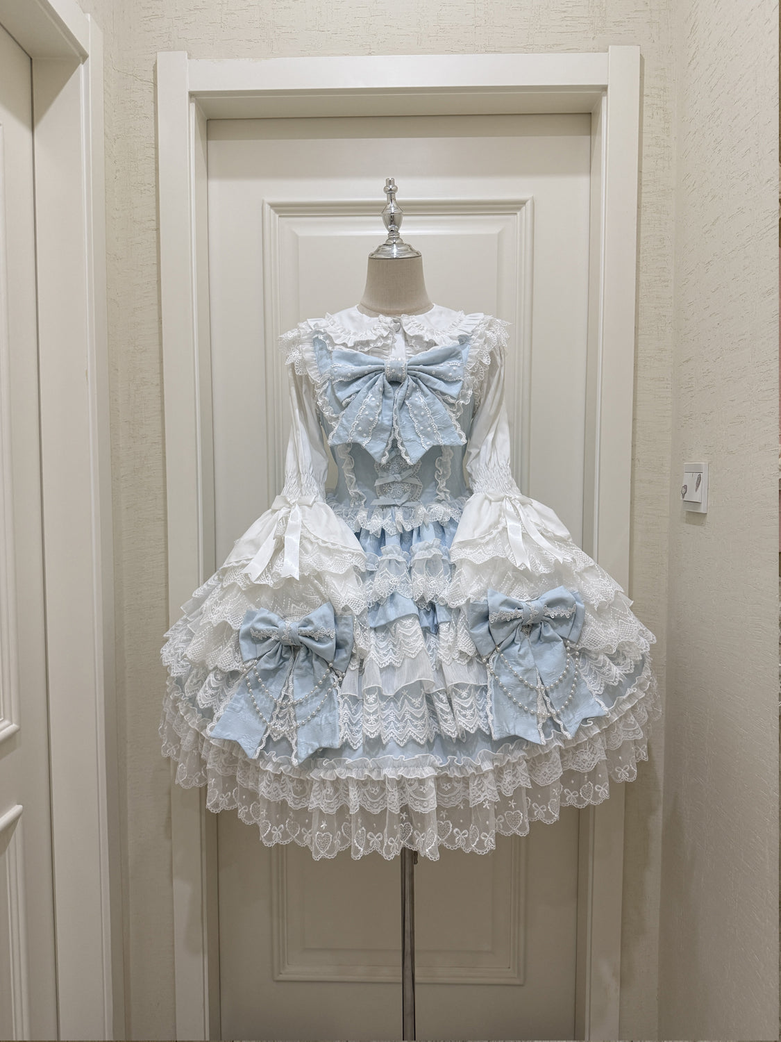 Hanguliang - Cross Heart Knot - Sweet Lolita JSK Suit Tiered Ruffles Dress with Lace Blouse