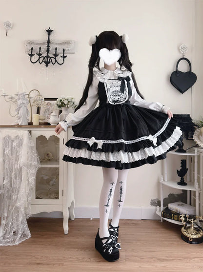 Hanguliang - Sweet Bear - Kawaii Lolita JSK Dress Embroidery Flounce Hem