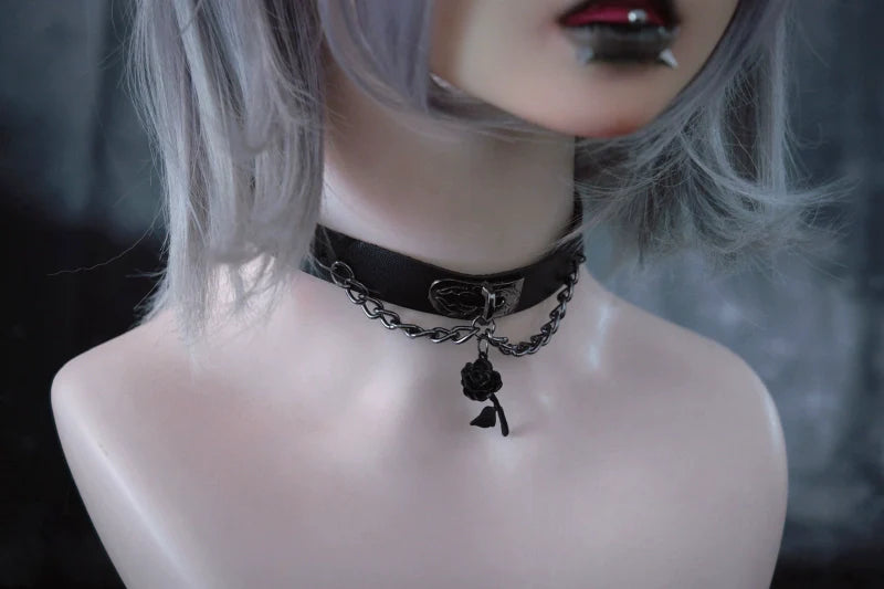 Strange Sugar - Gothic Lolita Choker Faux Leather Rose Pendant Necklace