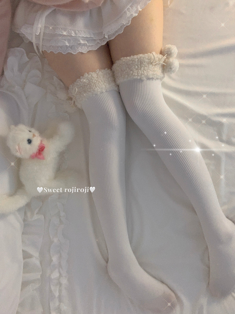 Roji Roji - Winter Fuzzy Ball Lolita Socks Over Knee Thick Socks