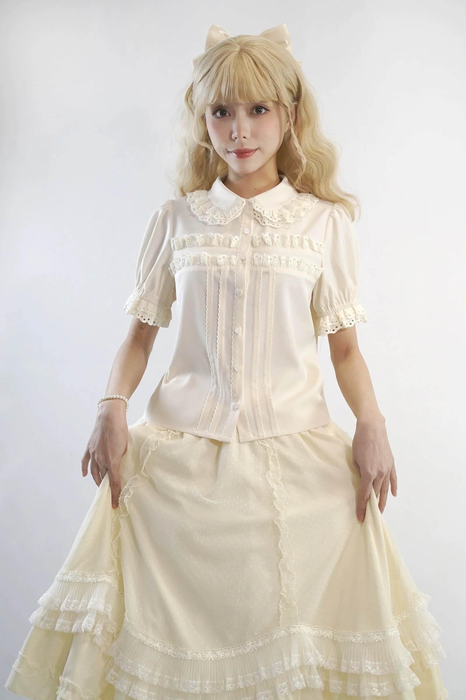Little Dipper - Cherry Xiaobei - Daily Lolita Splicing Sleeve Lace Shirt