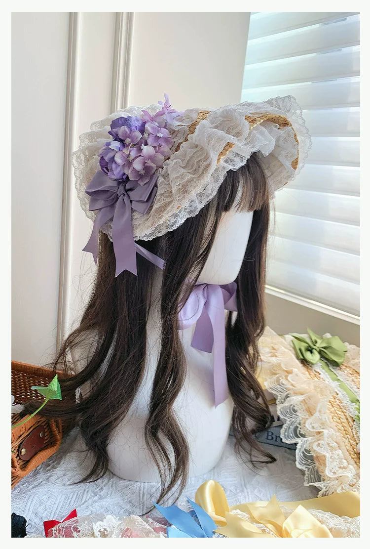 With PUJI - Floral Language - Country Lolita Lace Bow Flat Cap Straw Hat