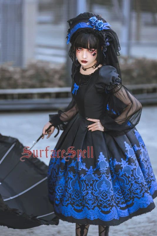 Surface Spell - Nocturne - Custom Gothic Lolita Dress Brocade Puff Sleeve Dress