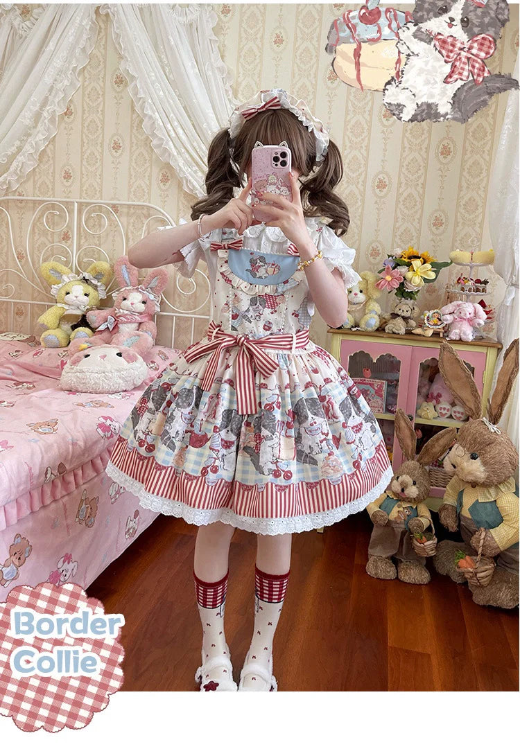 Akiyama Future Studio - Border Collie Cherry - Kawaii Lolita Salopette Cherry Print Dress
