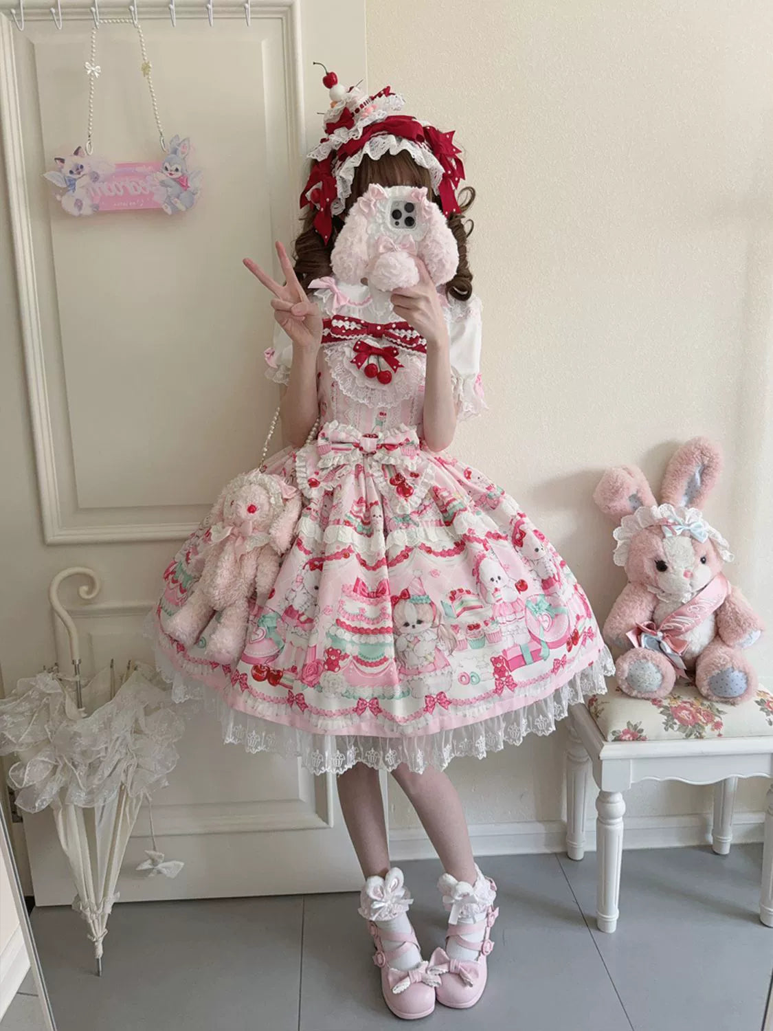 Hanguliang - Cherry Bake Song - Kawaii Lolita JSK Dress With Dessert Print & Cherry Bow