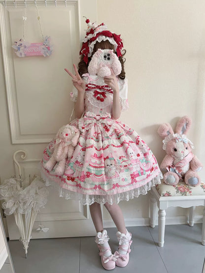 Hanguliang - Cherry Bake Song - Kawaii Lolita JSK Dress With Dessert Print & Cherry Bow