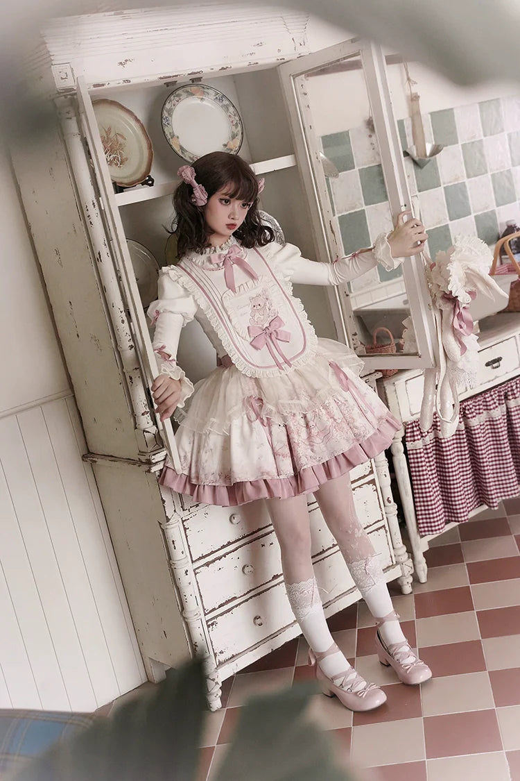 Half Sweet Lolita - Doll Garden - Sweet Lolita JSK Dress Cat Print Pink Dress Set