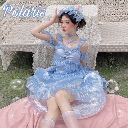 Polaris Lolita - Mermaid - Lolita Inspired Swimsuit with Tulle Overlay and Trailing