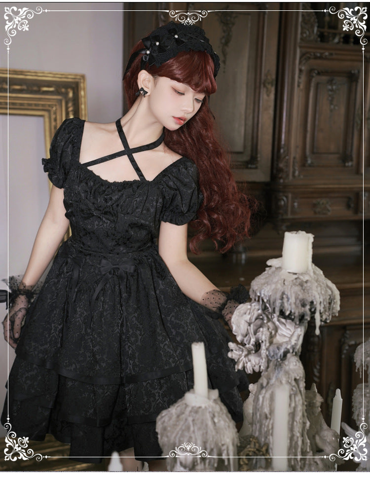 Eieyomi - Thorn Rose - Gothic Lolita Three-layer Ruffle Black OP