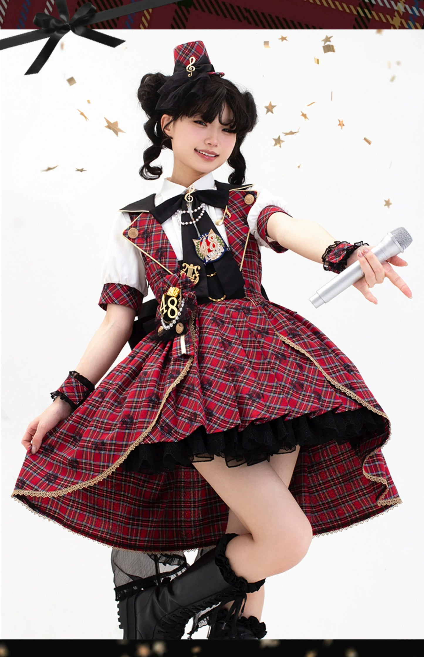 Forest Fluorescent Carps - IP Collab Sweet Lolita Performance Outfit Red Plaid JSK Full Set