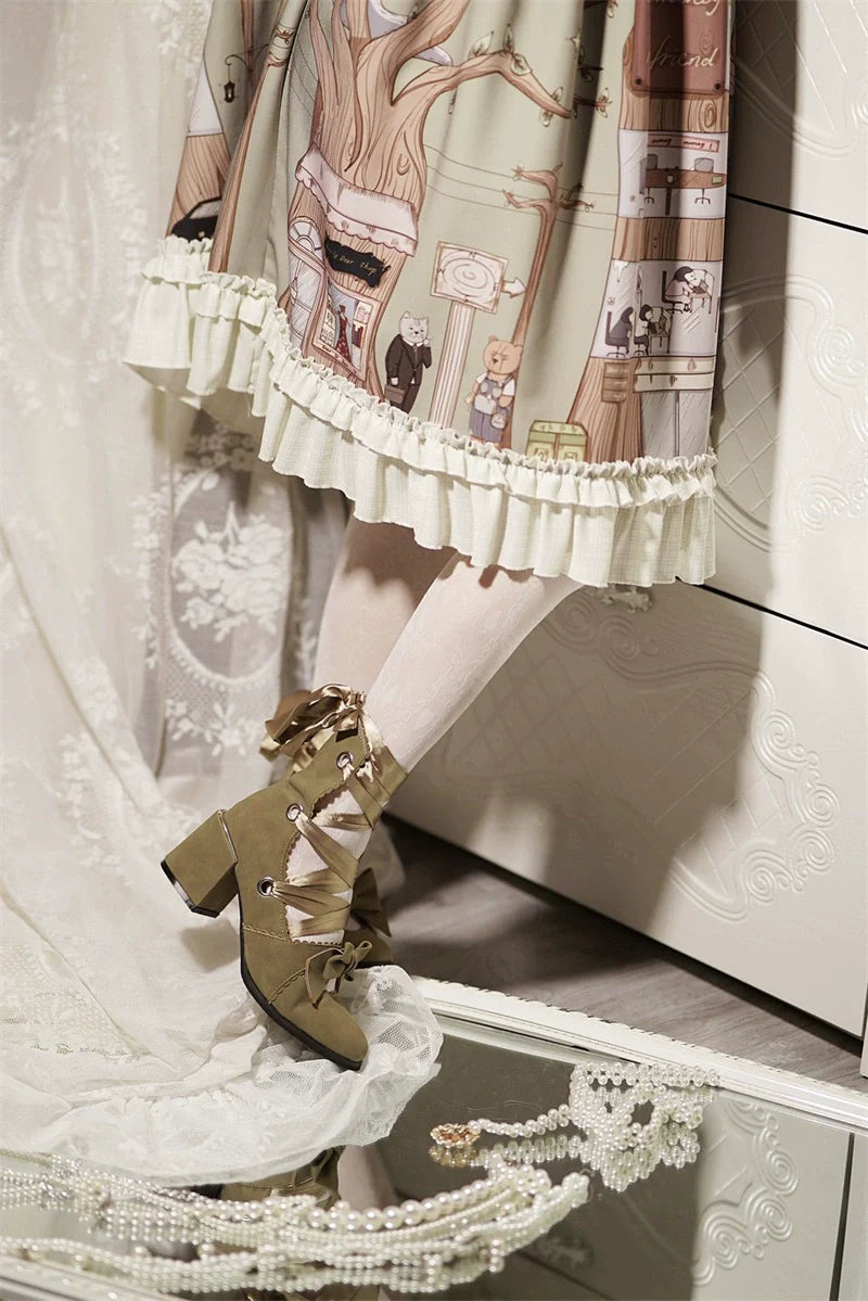MR.Qiutian - Muse Kiss - Elegant Lolita Shoes Lace-up Bow Heels Round Toe