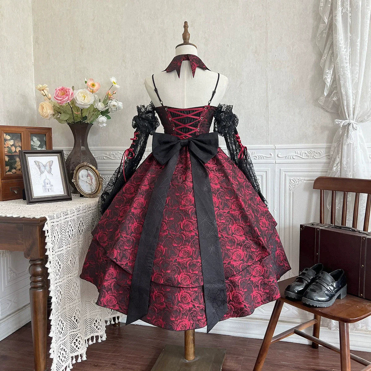 Cornfield Lolita - Rose Blood - Black Red Gothic Lolita JSK Jacquard Court Dress