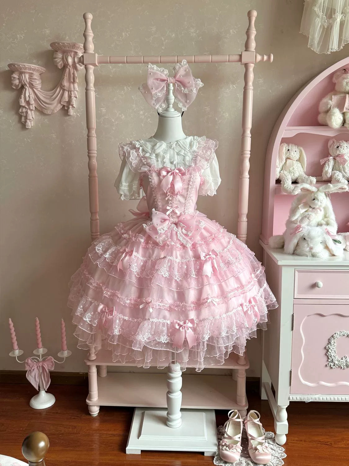 Hanguliang - Fudie Heart - Sweet Lolita JSK Dress With Tiered Skirt and Bow Trailing