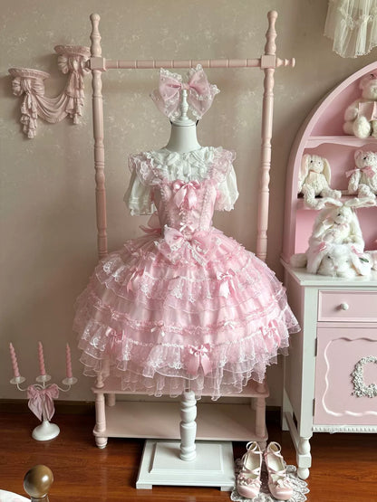 Hanguliang - Fudie Heart - Sweet Lolita JSK Dress With Tiered Skirt and Bow Trailing