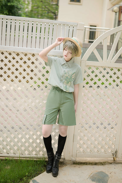 Princess Chronicles - Limited Flowering Time - Retro Green Flower Embroidery Shirt