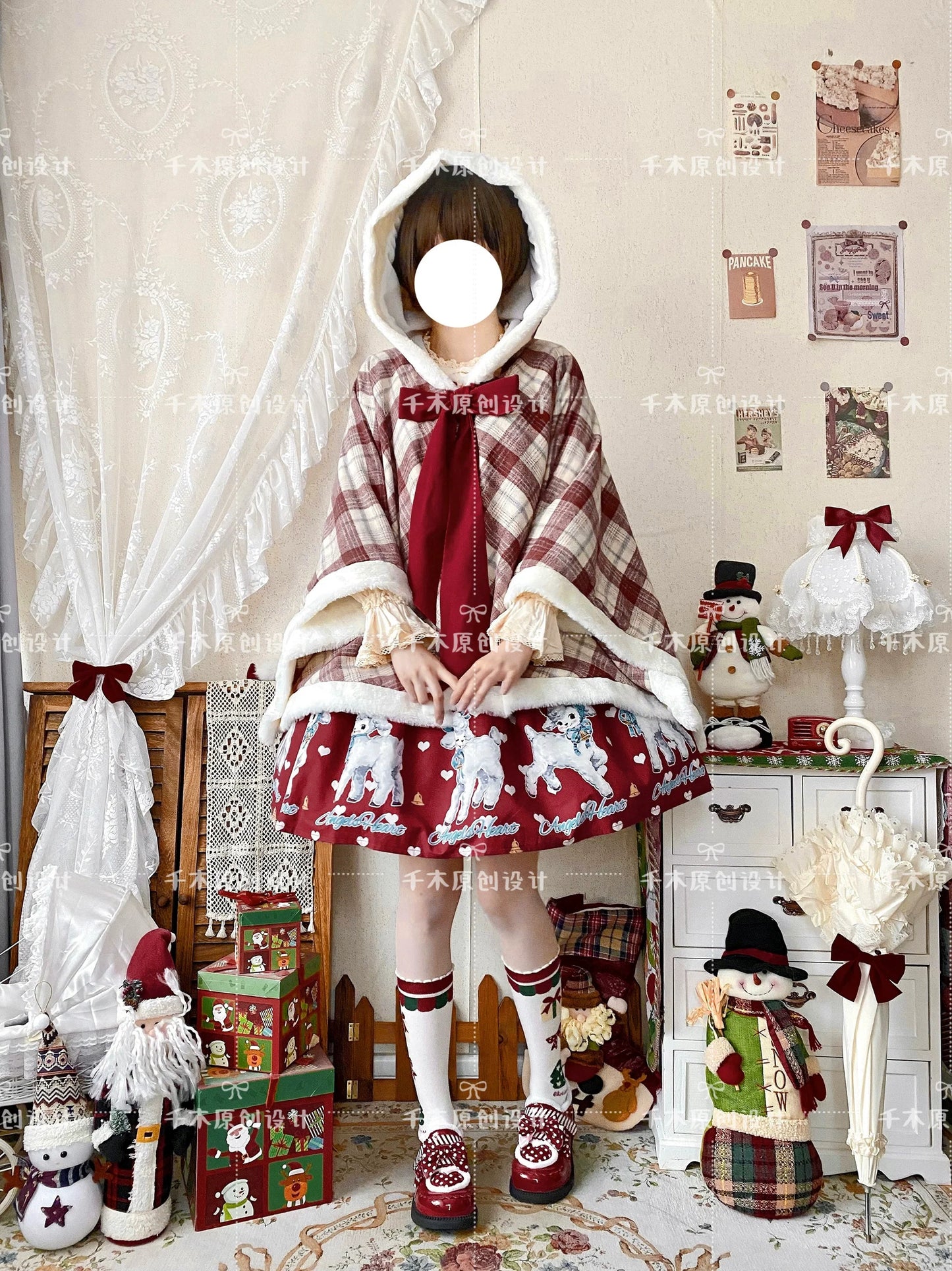 Qianmu - Waffle - Kawaii Lolita Cape Daily Lolita Plaid Hoodie Cloak