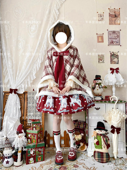 Qianmu - Waffle - Kawaii Lolita Cape Daily Lolita Plaid Hoodie Cloak