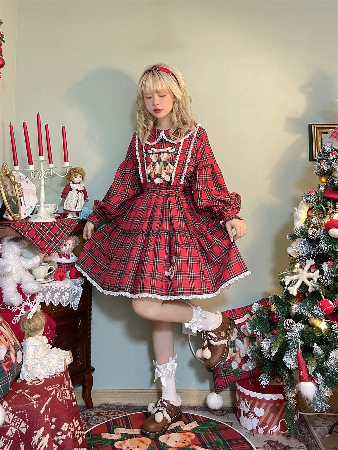 Labeau - Christmas Vintage Lolita Skirts Doll Collar Blouse Plaid Skirt Set