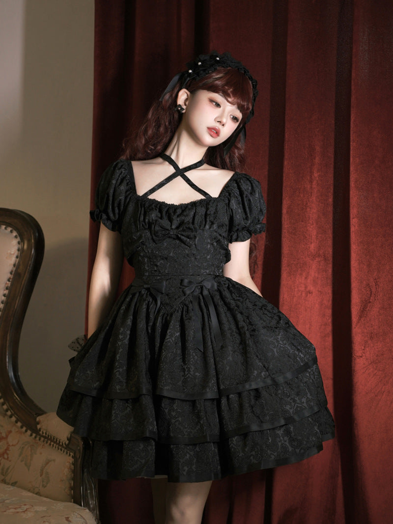 Eieyomi - Thorn Rose - Gothic Lolita Three-layer Ruffle Black OP