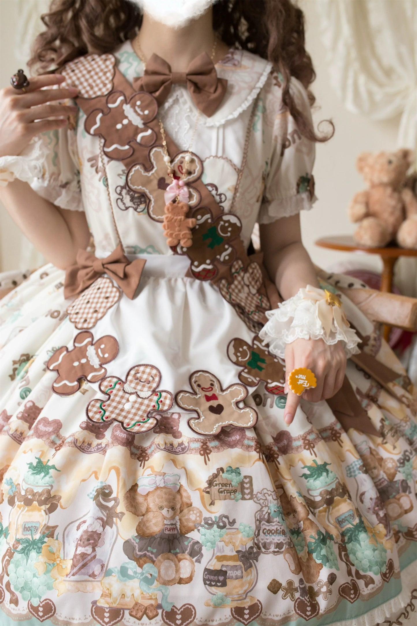 Babyblue - Little Bear Honey Jar - Kawaii Lolita Short Sleeve OP Gingerbread Man Embroidered Dress