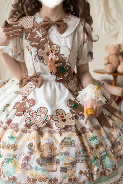 Babyblue - Little Bear Honey Jar - Kawaii Lolita Short Sleeve OP Gingerbread Man Embroidered Dress