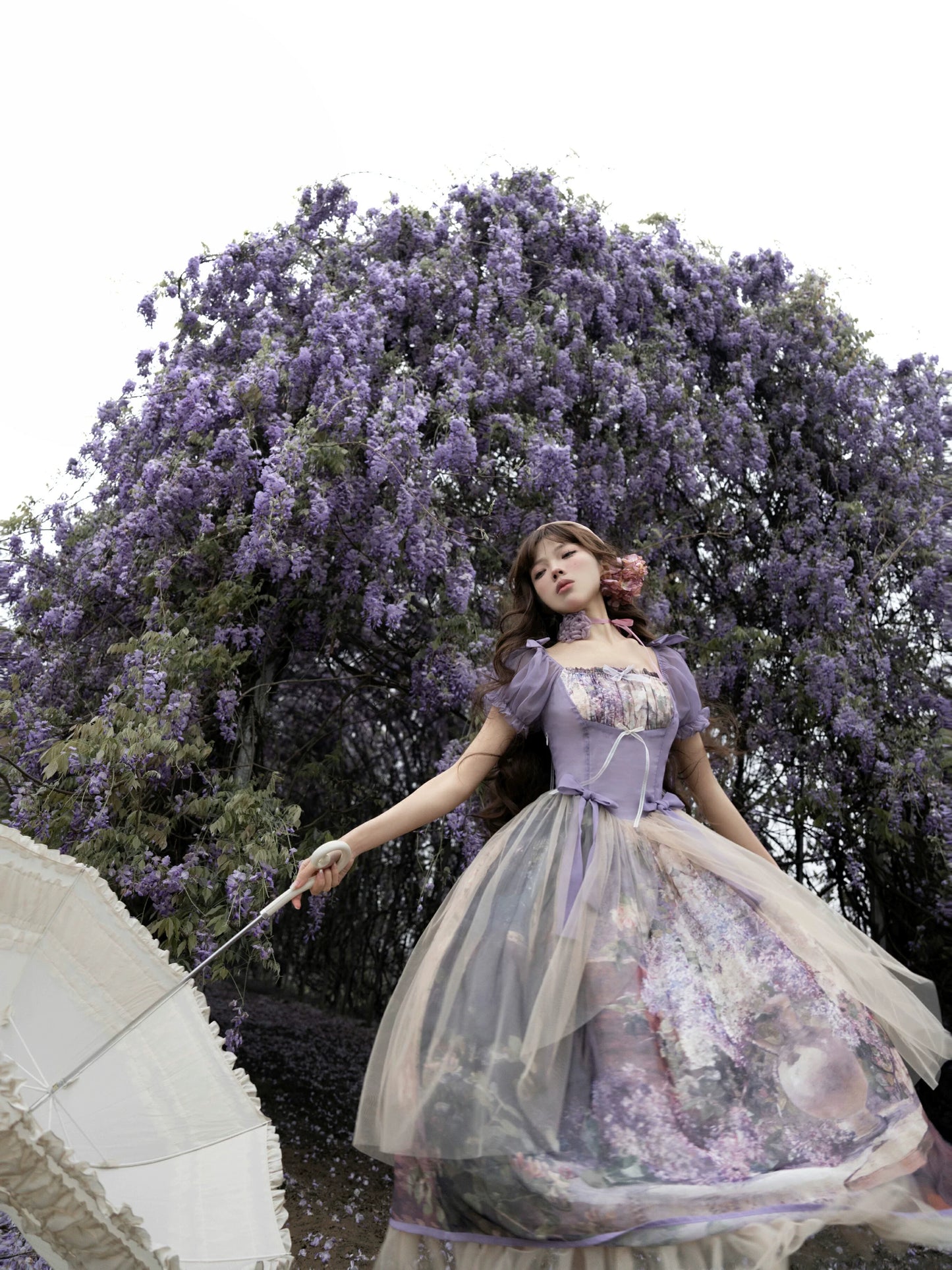 Cyan Lolita - Blooming Tree Shade - Elegant Lolita OP Oil Painting Print Bow Dress