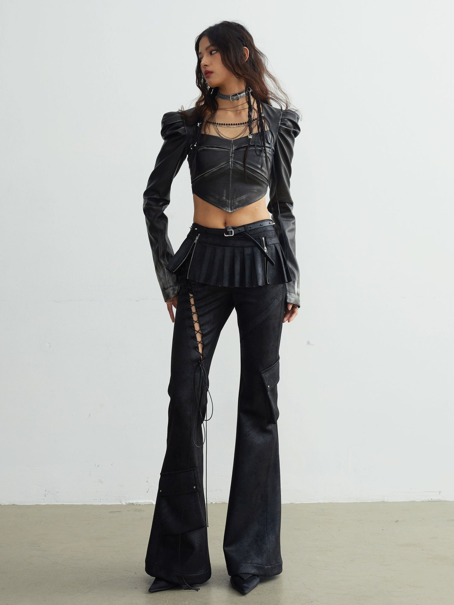 Cut-out Lace-up Pockets Decorated Flare Pants With Skirt