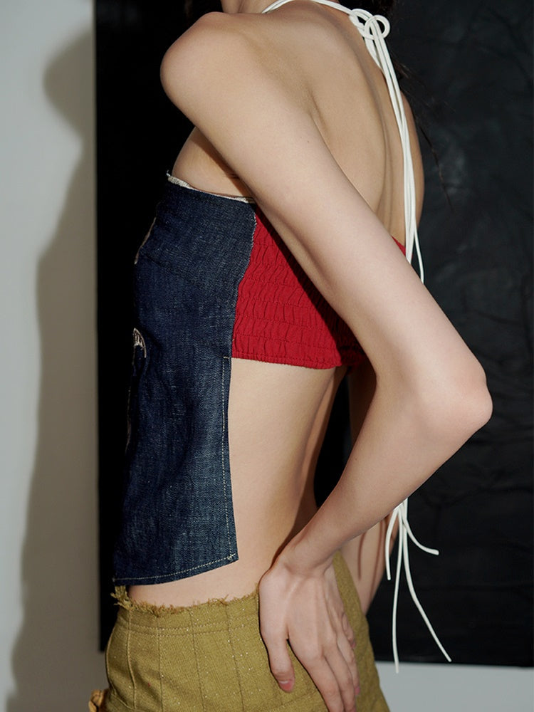 Flower Design Embroidery Halting Neck Denim Camisole