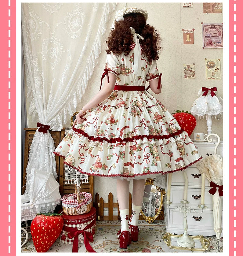 Qianmu - The Bear's Strawberry Field - Daily Lolita OP Dress With Petal Collar & Bear Strawberry Print