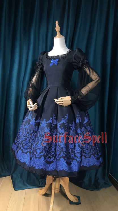 Surface Spell - Nocturne - Custom Gothic Lolita Dress Brocade Puff Sleeve Dress