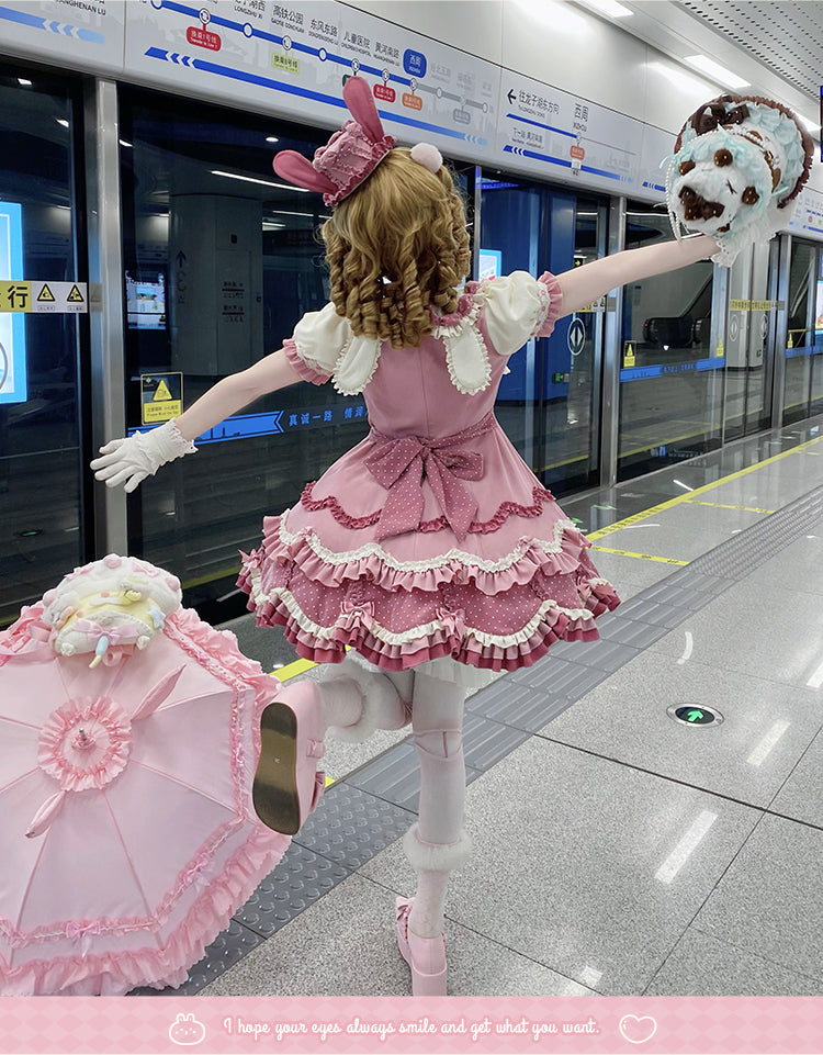 Sakurahime - Bunny Breeze - Pink Sweet Lolita OP Dress with Cute Hat and Bunny Ears