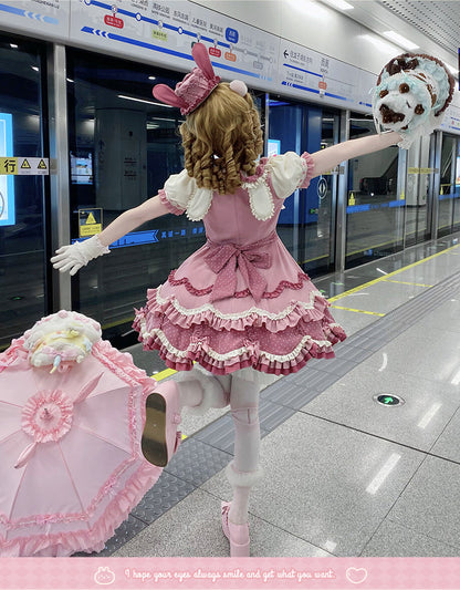 Sakurahime - Bunny Breeze - Pink Sweet Lolita OP Dress with Cute Hat and Bunny Ears