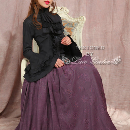 Lace Garden - Dark Angel - Gothic Lolita Shirt with Long Sleeve and Ruffled Long Tail