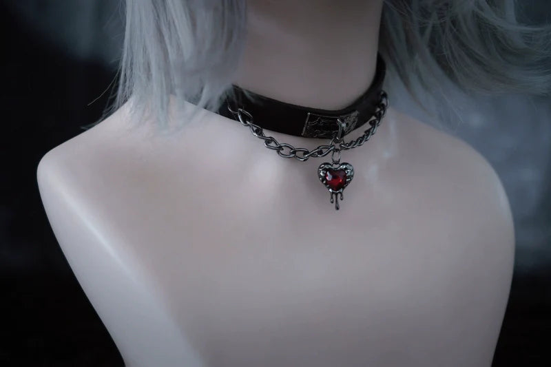 Strange Sugar - Gothic Lolita Choker Faux Leather Heart Pendant Necklace
