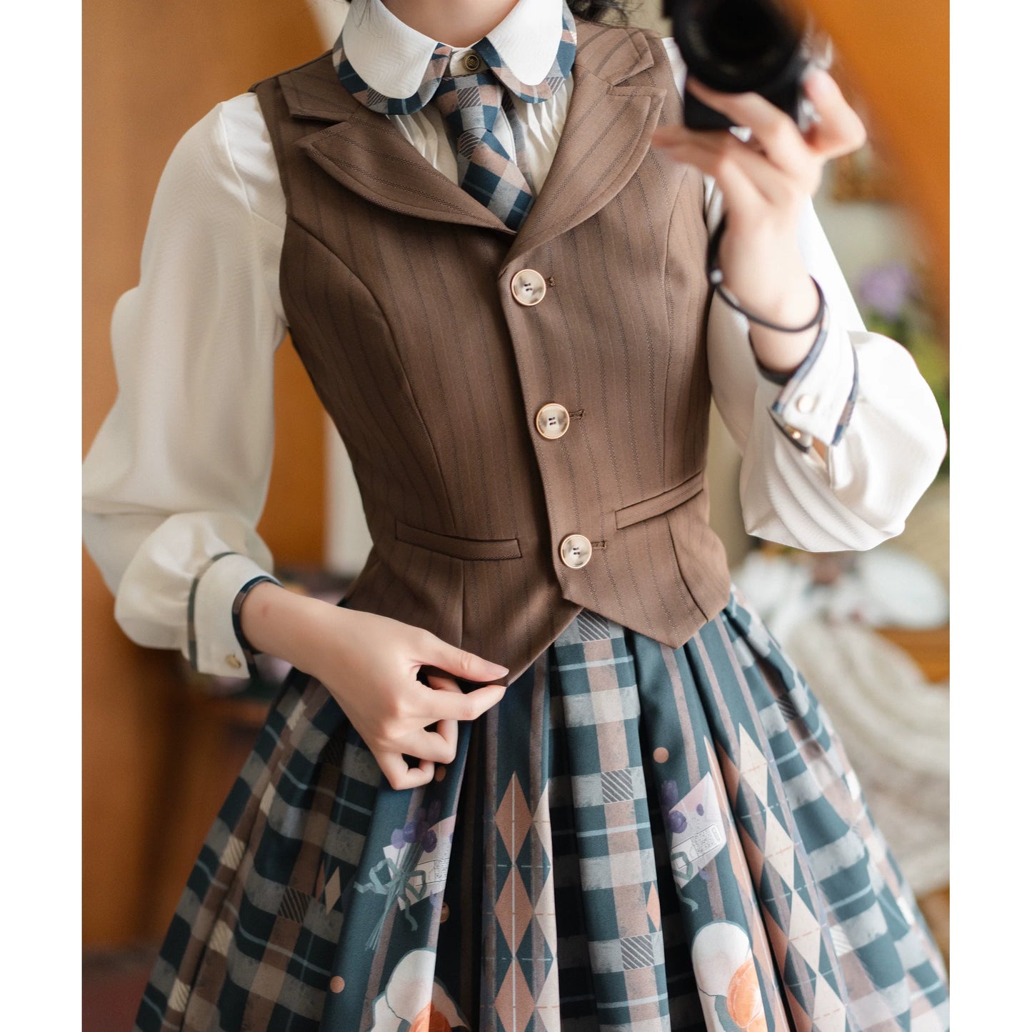 Forest Wardrobe - Persimmon Orange Cat - Vintage Brown Lolita Vest With Lapel Collar