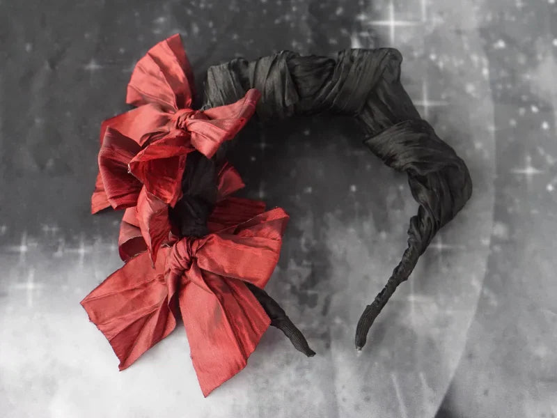 Strange Sugar - Gothic Lolita KC Black Wine Red Ruffled Bow Hair Accessories