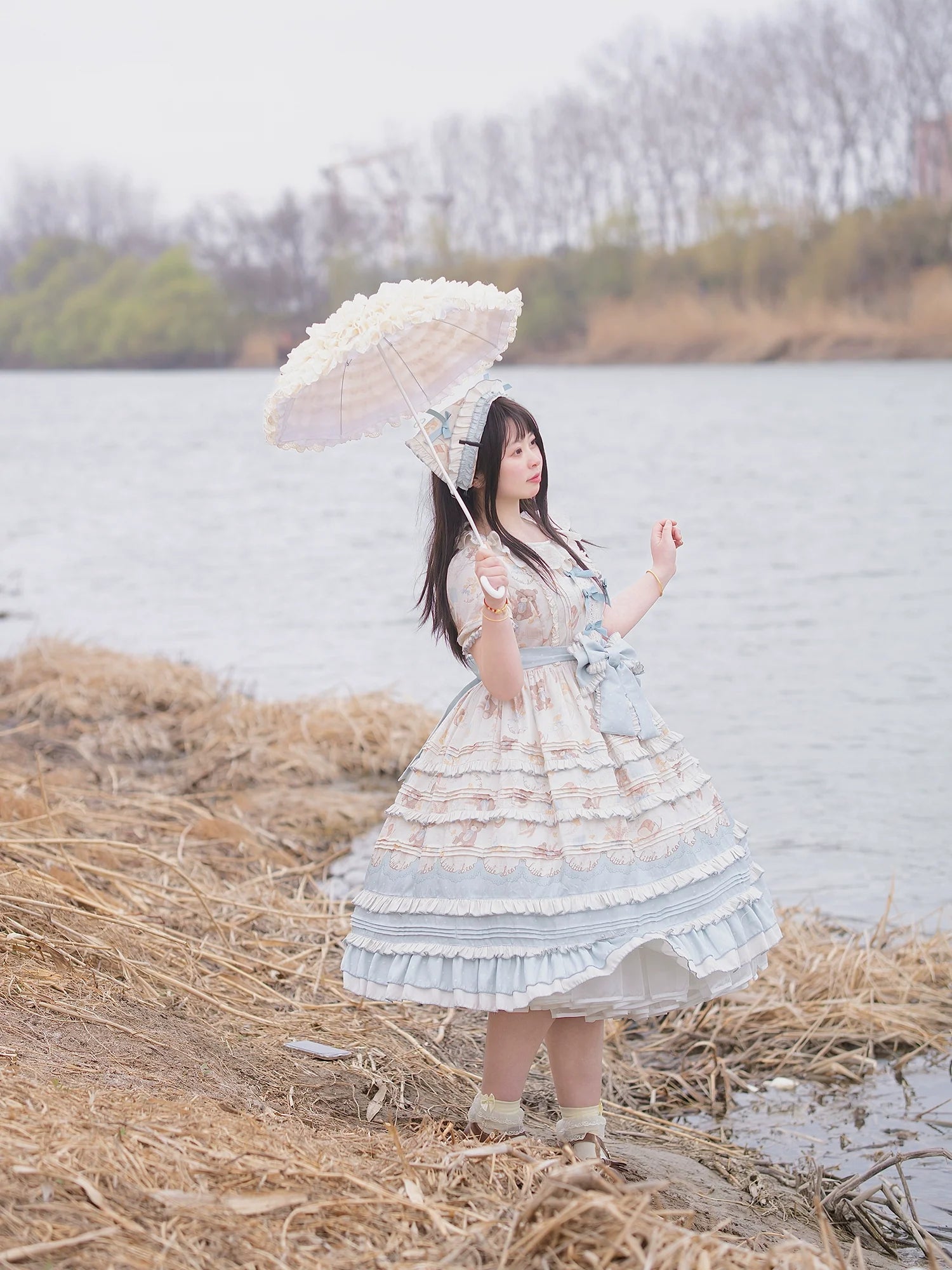 Chubby Cat Diary - Harvest Bear - Plus Size Country Lolita OP Dress with Teddy Bear Print