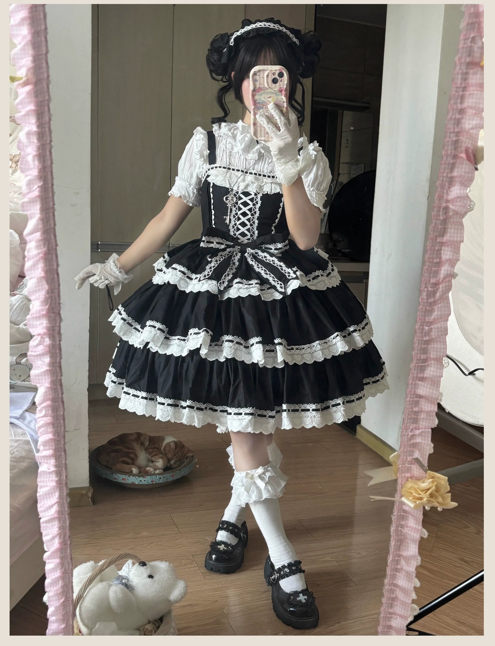 TaTaTa Lolita - Otome Heart - Cotton Old School Lolita JSK Dress Suit, Heart-Shaped Lace Trim