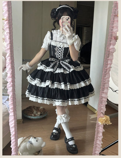 TaTaTa Lolita - Otome Heart - Cotton Old School Lolita JSK Dress Suit, Heart-Shaped Lace Trim