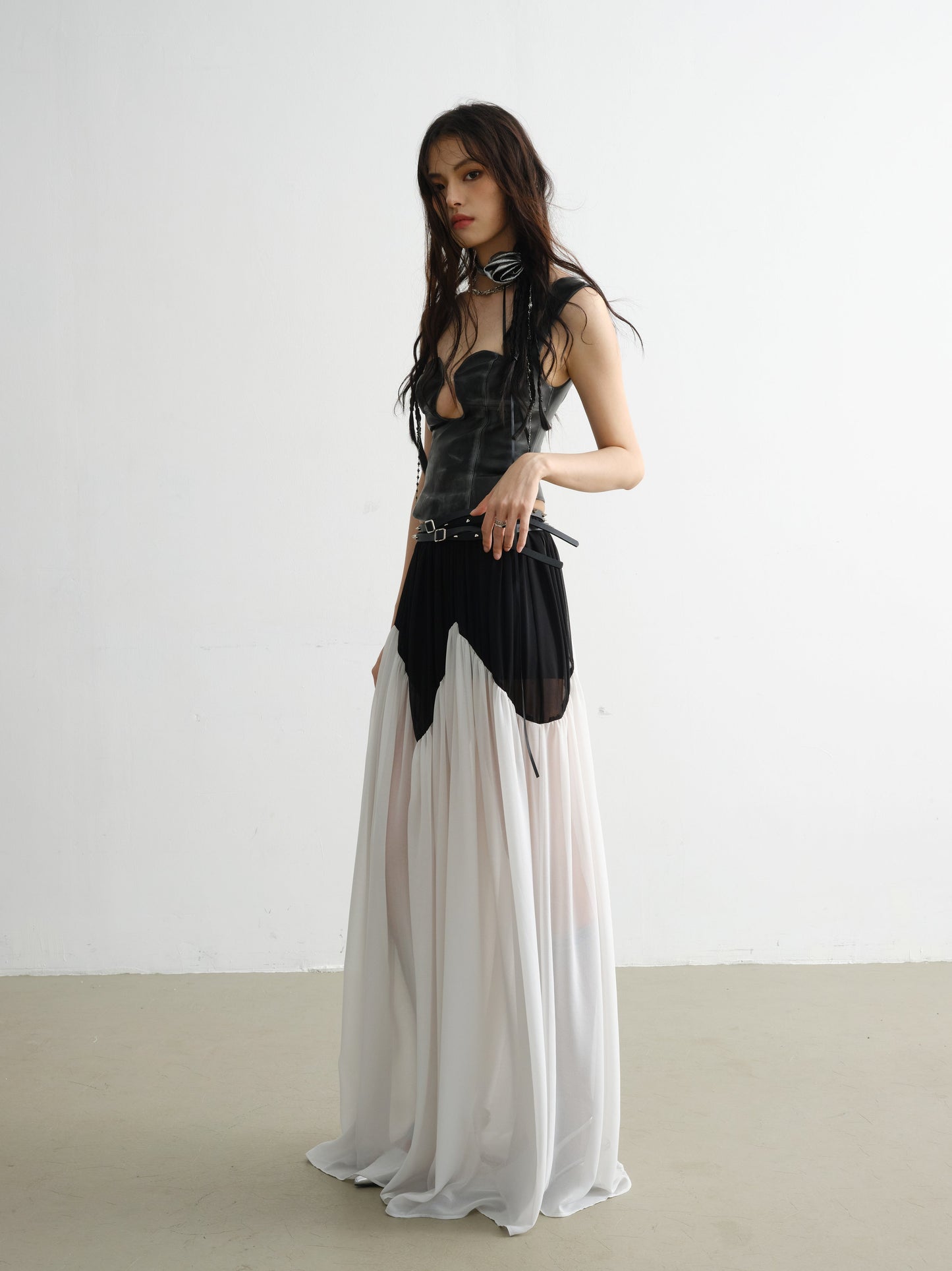 Contrast Stitching Rivet Decorative Belt Chiffon Skirt