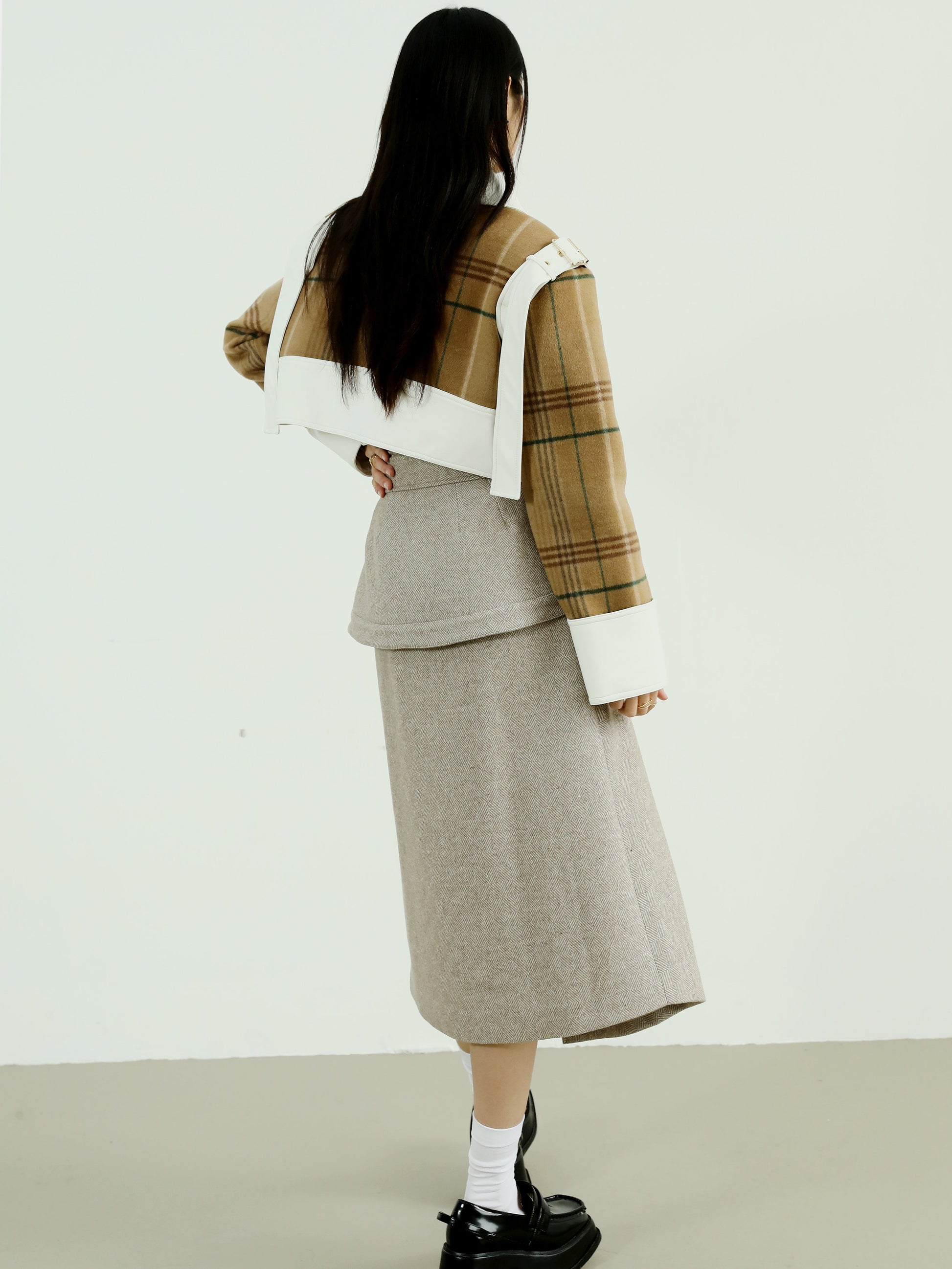 Herringbone High Waist Fake Two-piece Wool Skirt