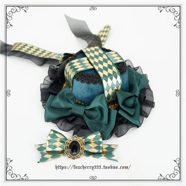 Fox Cherry - Green Lattice Rabbit Ear Bow Lolita Hat Headdress