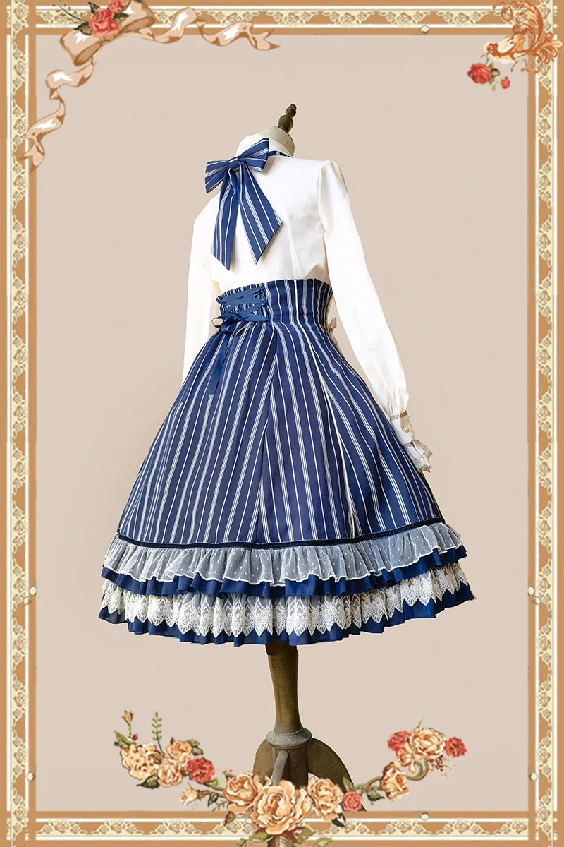 Infanta - Elegant Lolita Stripe High-waist Jumper Dress Set and Cape