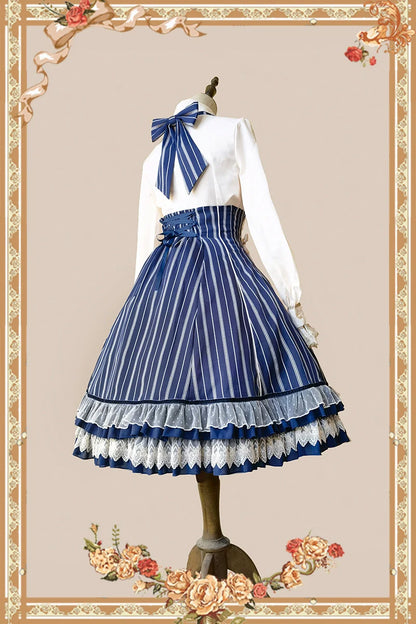 Infanta - Elegant Lolita Stripe High-waist Jumper Dress Set and Cape