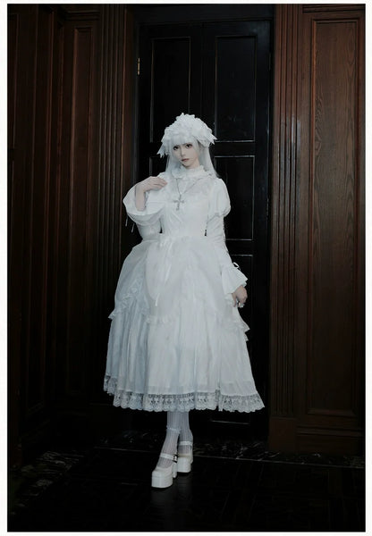 With PUJI - Fallen Heaven - White Gothic Lolita OP Set, Double Layered Skirt