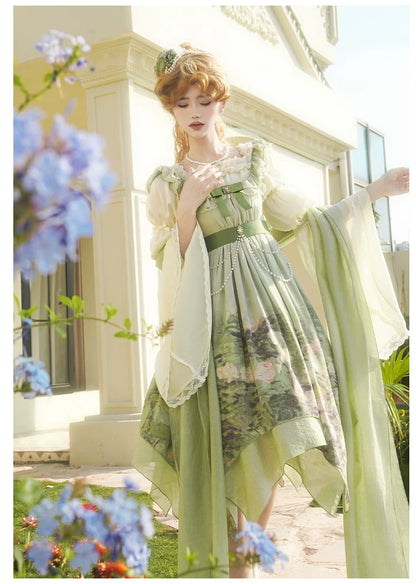 With PUJI - Blooming Rose - Chiffon Classic Lolita Dress Set Painting Styled OP & JSK